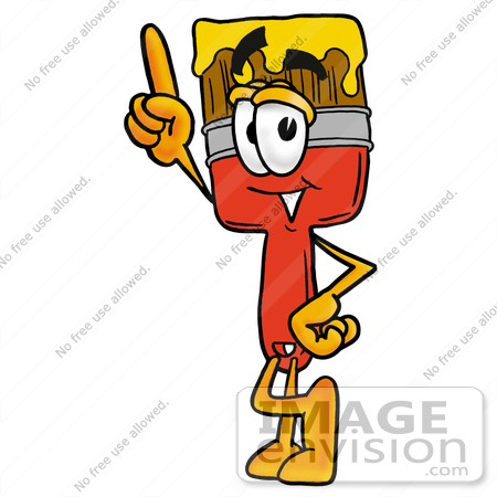 #25913 Clip Art Graphic of a Red Paintbrush With Yellow Paint Cartoon Character Pointing Upwards by toons4biz