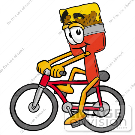 #25914 Clip Art Graphic of a Red Paintbrush With Yellow Paint Cartoon Character Riding a Bicycle by toons4biz