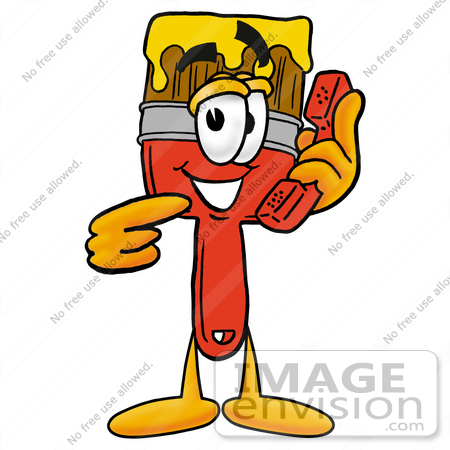 #25916 Clip Art Graphic of a Red Paintbrush With Yellow Paint Cartoon Character Holding a Telephone by toons4biz