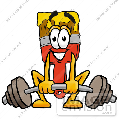 #25917 Clip Art Graphic of a Red Paintbrush With Yellow Paint Cartoon Character Lifting a Heavy Barbell by toons4biz