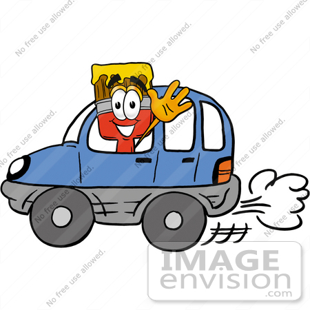 #25918 Clip Art Graphic of a Red Paintbrush With Yellow Paint Cartoon Character Driving a Blue Car and Waving by toons4biz