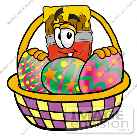#25919 Clip Art Graphic of a Red Paintbrush With Yellow Paint Cartoon Character in an Easter Basket Full of Decorated Easter Eggs by toons4biz
