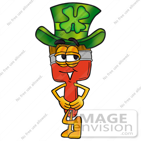 #25920 Clip Art Graphic of a Red Paintbrush With Yellow Paint Cartoon Character Wearing a Saint Patricks Day Hat With a Clover on it by toons4biz