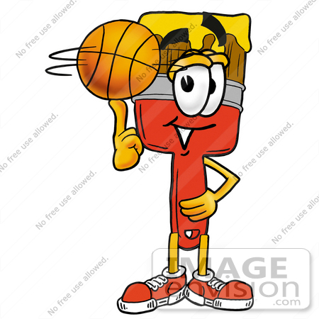 #25921 Clip Art Graphic of a Red Paintbrush With Yellow Paint Cartoon Character Spinning a Basketball on His Finger by toons4biz