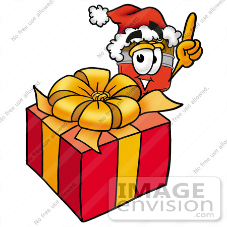 #25922 Clip Art Graphic of a Red Paintbrush With Yellow Paint Cartoon Character Standing by a Christmas Present by toons4biz