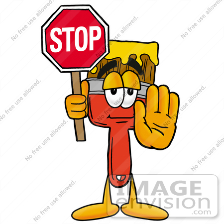 #25924 Clip Art Graphic of a Red Paintbrush With Yellow Paint Cartoon Character Holding a Stop Sign by toons4biz