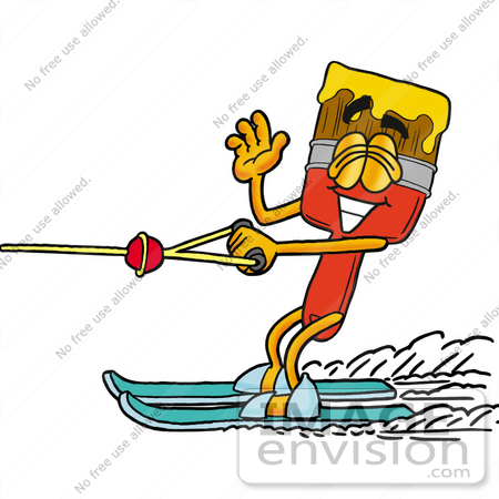 #25925 Clip Art Graphic of a Red Paintbrush With Yellow Paint Cartoon Character Waving While Water Skiing by toons4biz