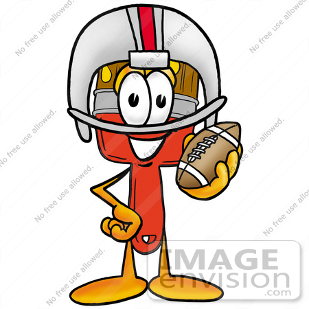 #25926 Clip Art Graphic of a Red Paintbrush With Yellow Paint Cartoon Character in a Helmet, Holding a Football by toons4biz