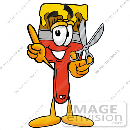 #25927 Clip Art Graphic of a Red Paintbrush With Yellow Paint Cartoon Character Holding a Pair of Scissors by toons4biz