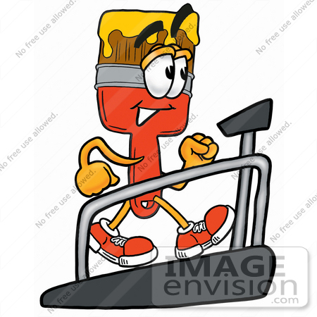 #25929 Clip Art Graphic of a Red Paintbrush With Yellow Paint Cartoon Character Walking on a Treadmill in a Fitness Gym by toons4biz