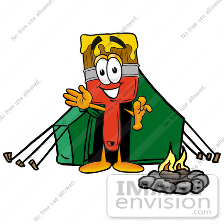 #25931 Clip Art Graphic of a Red Paintbrush With Yellow Paint Cartoon Character Camping With a Tent and Fire by toons4biz
