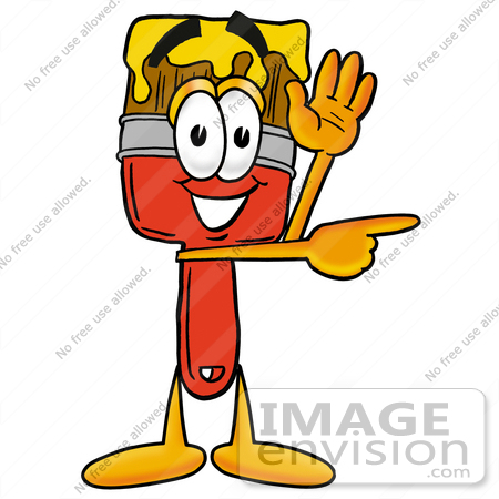 #25934 Clip Art Graphic of a Red Paintbrush With Yellow Paint Cartoon Character Waving and Pointing by toons4biz