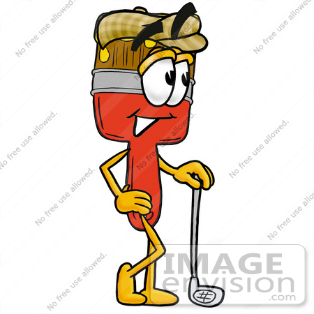 #25935 Clip Art Graphic of a Red Paintbrush With Yellow Paint Cartoon Character Leaning on a Golf Club While Golfing by toons4biz