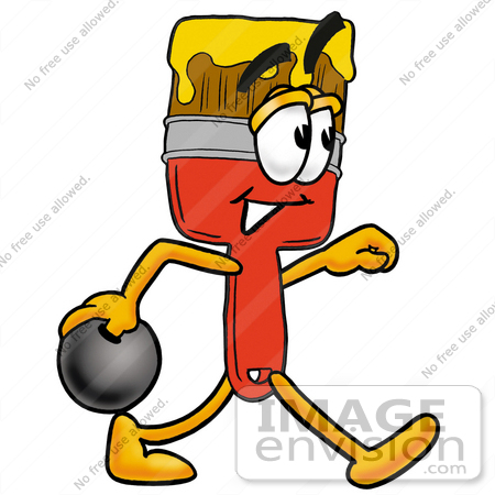 #25936 Clip Art Graphic of a Red Paintbrush With Yellow Paint Cartoon Character Holding a Bowling Ball by toons4biz
