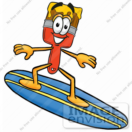 #25937 Clip Art Graphic of a Red Paintbrush With Yellow Paint Cartoon Character Surfing on a Blue and Yellow Surfboard by toons4biz