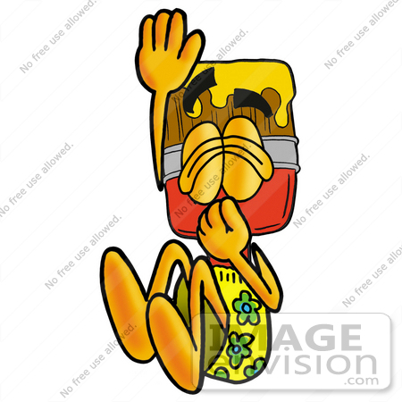 #25940 Clip Art Graphic of a Red Paintbrush With Yellow Paint Cartoon Character Plugging His Nose While Jumping Into Water by toons4biz