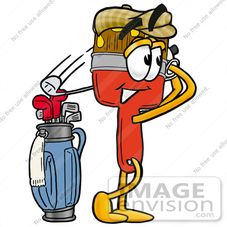 #25941 Clip Art Graphic of a Red Paintbrush With Yellow Paint Cartoon Character Swinging His Golf Club While Golfing by toons4biz