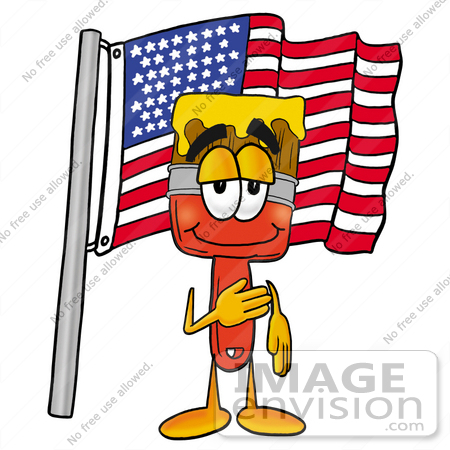 #25942 Clip Art Graphic of a Red Paintbrush With Yellow Paint Cartoon Character Pledging Allegiance to an American Flag by toons4biz