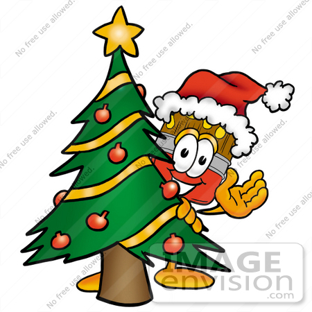 #25944 Clip Art Graphic of a Red Paintbrush With Yellow Paint Cartoon Character Waving and Standing by a Decorated Christmas Tree by toons4biz