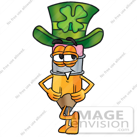 #25945 Clip Art Graphic of a Yellow Number 2 Pencil With an Eraser Cartoon Character Wearing a Saint Patricks Day Hat With a Clover on it by toons4biz