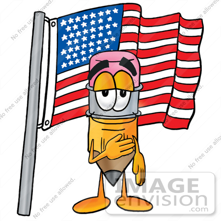 #25946 Clip Art Graphic of a Yellow Number 2 Pencil With an Eraser Cartoon Character Pledging Allegiance to an American Flag by toons4biz