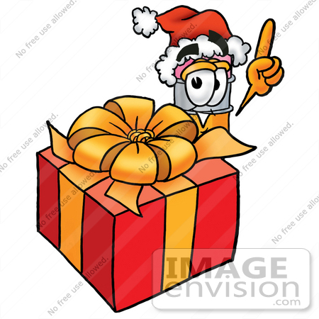 #25947 Clip Art Graphic of a Yellow Number 2 Pencil With an Eraser Cartoon Character Standing by a Christmas Present by toons4biz