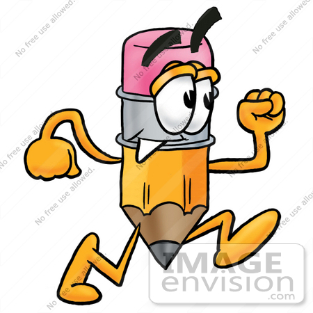 #25948 Clip Art Graphic of a Yellow Number 2 Pencil With an Eraser Cartoon Character Running by toons4biz
