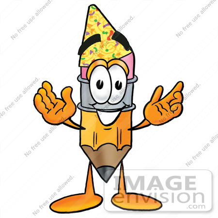 #25949 Clip Art Graphic of a Yellow Number 2 Pencil With an Eraser Cartoon Character Wearing a Birthday Party Hat by toons4biz