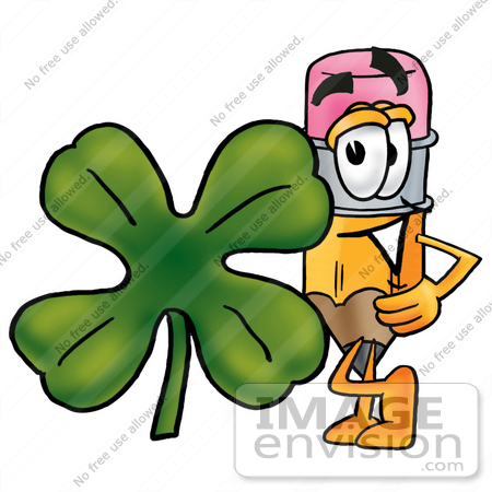#25950 Clip Art Graphic of a Yellow Number 2 Pencil With an Eraser Cartoon Character With a Green Four Leaf Clover on St Paddy’s or St Patricks Day by toons4biz