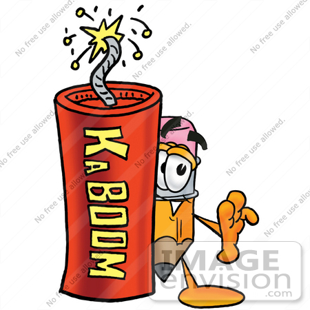 #25952 Clip Art Graphic of a Yellow Number 2 Pencil With an Eraser Cartoon Character Standing With a Lit Stick of Dynamite by toons4biz
