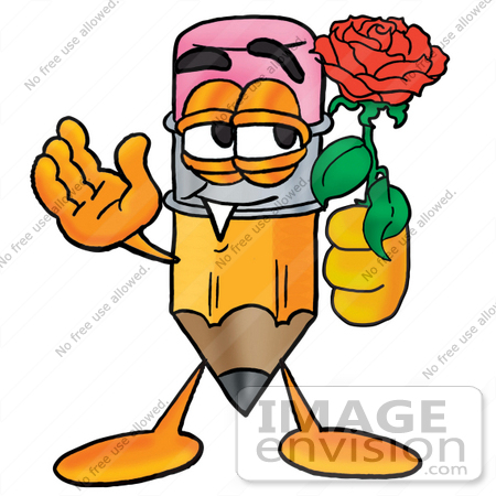 #25953 Clip Art Graphic of a Yellow Number 2 Pencil With an Eraser Cartoon Character Holding a Red Rose on Valentines Day by toons4biz