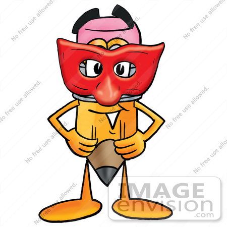 #25954 Clip Art Graphic of a Yellow Number 2 Pencil With an Eraser Cartoon Character Wearing a Red Mask Over His Face by toons4biz
