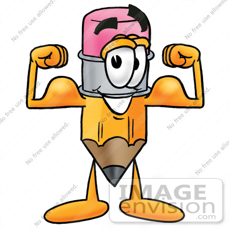 #25956 Clip Art Graphic of a Yellow Number 2 Pencil With an Eraser Cartoon Character Flexing His Arm Muscles by toons4biz