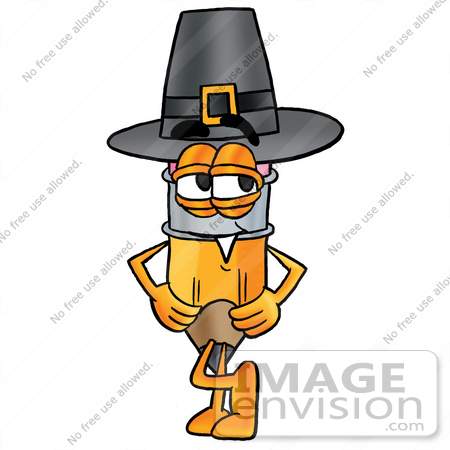 #25957 Clip Art Graphic of a Yellow Number 2 Pencil With an Eraser Cartoon Character Wearing a Pilgrim Hat on Thanksgiving by toons4biz