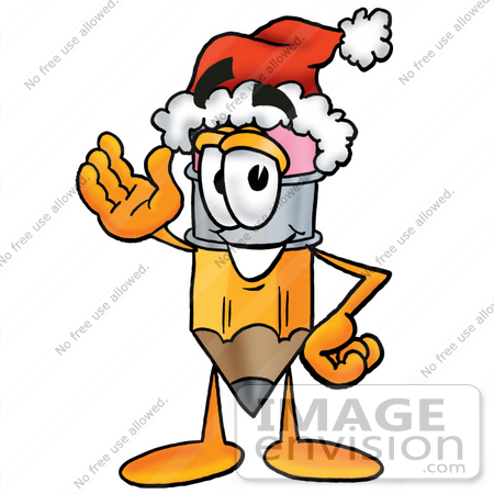 #25958 Clip Art Graphic of a Yellow Number 2 Pencil With an Eraser Cartoon Character Wearing a Santa Hat and Waving by toons4biz