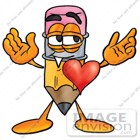 #25960 Clip Art Graphic of a Yellow Number 2 Pencil With an Eraser Cartoon Character With His Heart Beating Out of His Chest by toons4biz