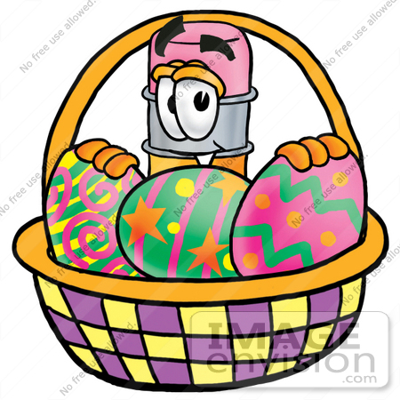 #25962 Clip Art Graphic of a Yellow Number 2 Pencil With an Eraser Cartoon Character in an Easter Basket Full of Decorated Easter Eggs by toons4biz
