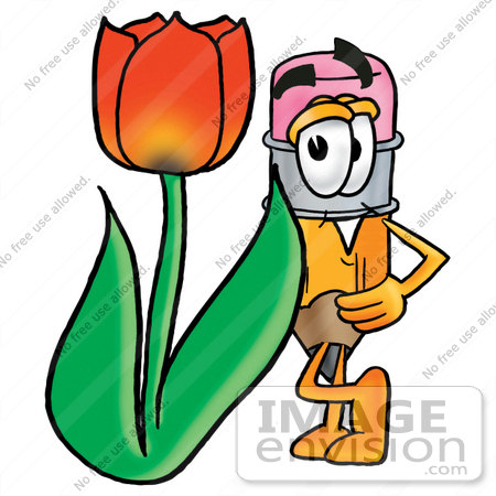 #25963 Clip Art Graphic of a Yellow Number 2 Pencil With an Eraser Cartoon Character With a Red Tulip Flower in the Spring by toons4biz