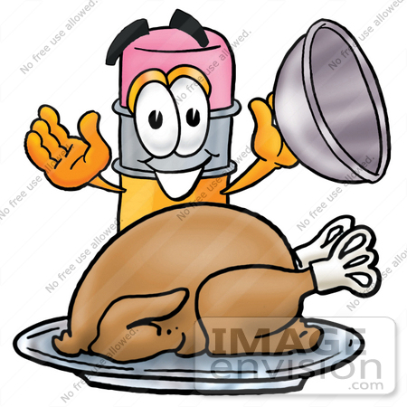#25964 Clip Art Graphic of a Yellow Number 2 Pencil With an Eraser Cartoon Character Serving a Thanksgiving Turkey on a Platter by toons4biz