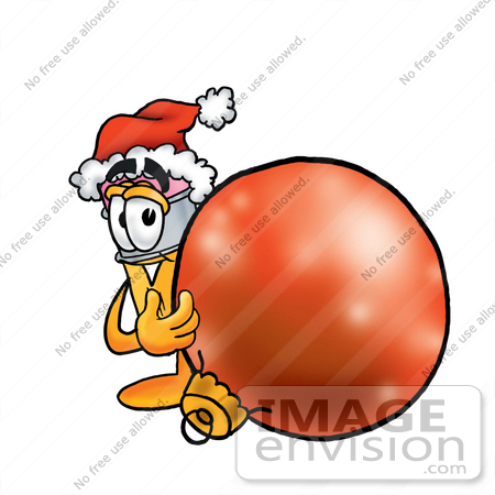 #25965 Clip Art Graphic of a Yellow Number 2 Pencil With an Eraser Cartoon Character Wearing a Santa Hat, Standing With a Christmas Bauble by toons4biz