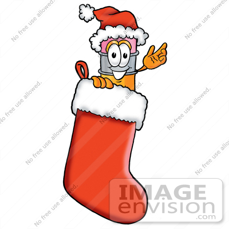 #25966 Clip Art Graphic of a Yellow Number 2 Pencil With an Eraser Cartoon Character Wearing a Santa Hat Inside a Red Christmas Stocking by toons4biz