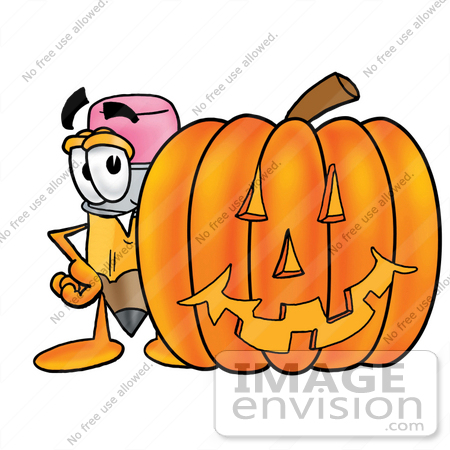 #25967 Clip Art Graphic of a Yellow Number 2 Pencil With an Eraser Cartoon Character With a Carved Halloween Pumpkin by toons4biz
