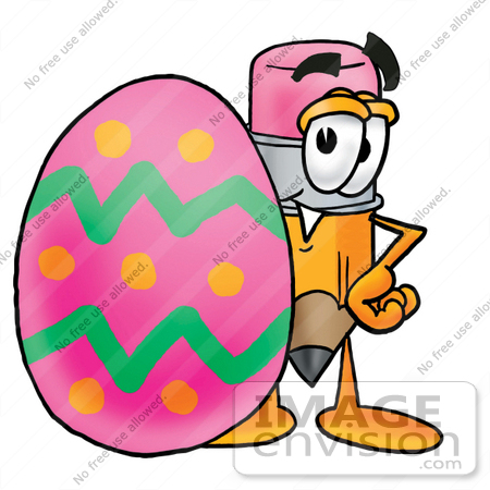 #25969 Clip Art Graphic of a Yellow Number 2 Pencil With an Eraser Cartoon Character Standing Beside an Easter Egg by toons4biz