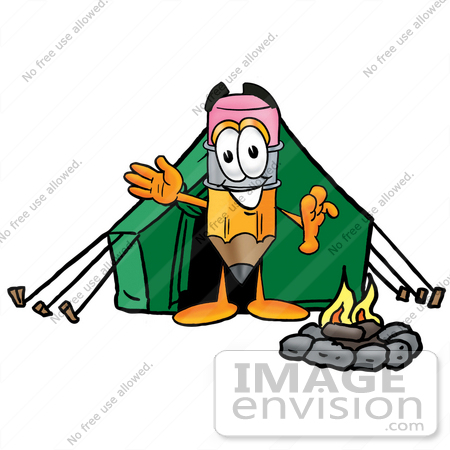#25970 Clip Art Graphic of a Yellow Number 2 Pencil With an Eraser Cartoon Character Camping With a Tent and Fire by toons4biz