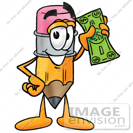 #25972 Clip Art Graphic of a Yellow Number 2 Pencil With an Eraser Cartoon Character Holding a Dollar Bill by toons4biz