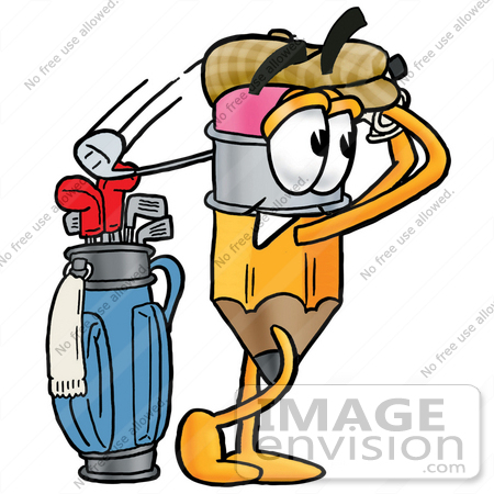 #25974 Clip Art Graphic of a Yellow Number 2 Pencil With an Eraser Cartoon Character Swinging His Golf Club While Golfing by toons4biz