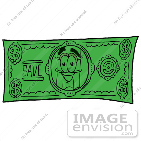 #25976 Clip Art Graphic of a Yellow Number 2 Pencil With an Eraser Cartoon Character on a Dollar Bill by toons4biz