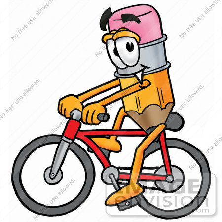 #25977 Clip Art Graphic of a Yellow Number 2 Pencil With an Eraser Cartoon Character Riding a Bicycle by toons4biz