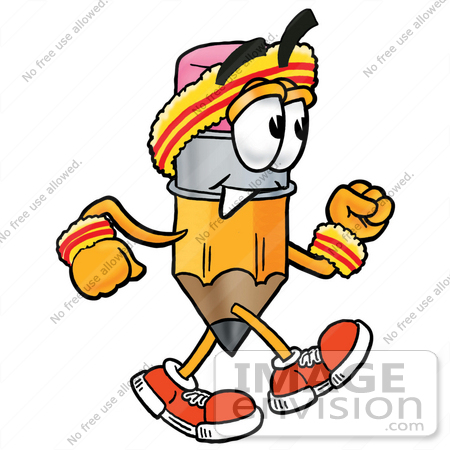 #25981 Clip Art Graphic of a Yellow Number 2 Pencil With an Eraser Cartoon Character Speed Walking or Jogging by toons4biz