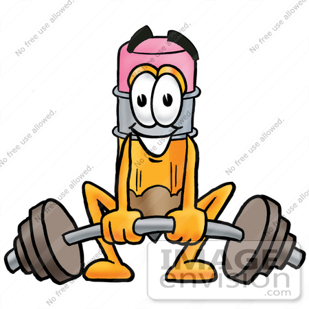 #25982 Clip Art Graphic of a Yellow Number 2 Pencil With an Eraser Cartoon Character Lifting a Heavy Barbell by toons4biz